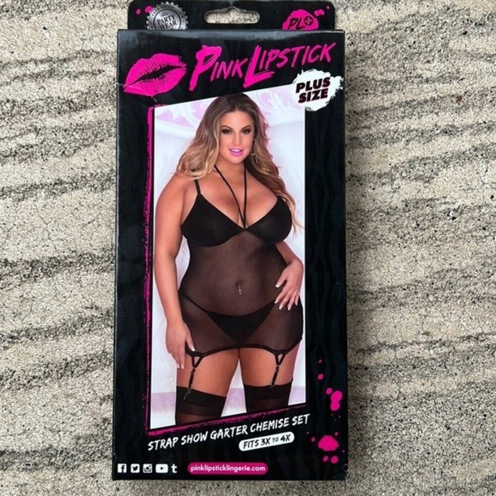 Pink Lipstick Plus Size 3X 4X Black Sheer Chemise Garter Lingerie Set NWT